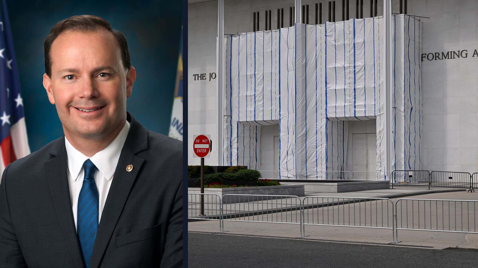 Sen. Mike Lee beside a September 2026 photograph of the barricaded Kennedy Center.
