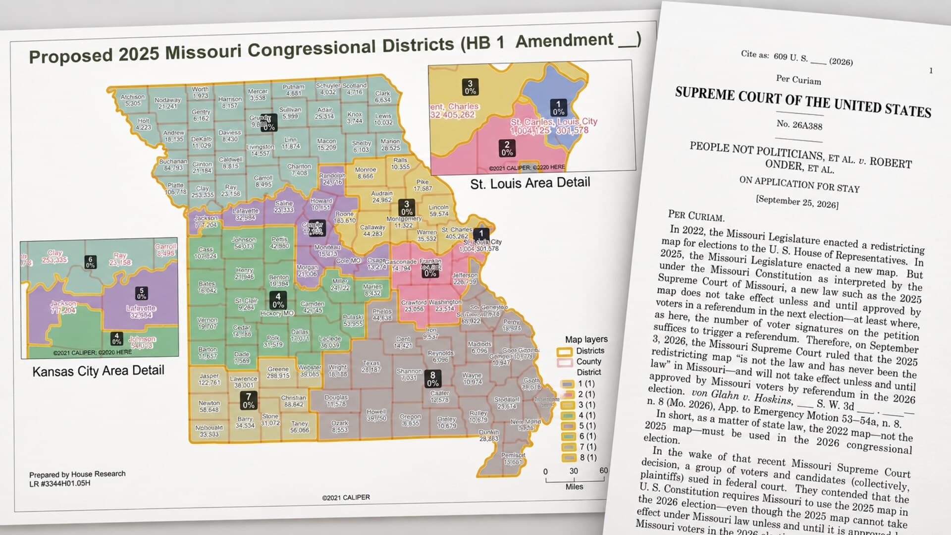 Missouri's proposed 2025 congressional map appears beside a Supreme Court order.