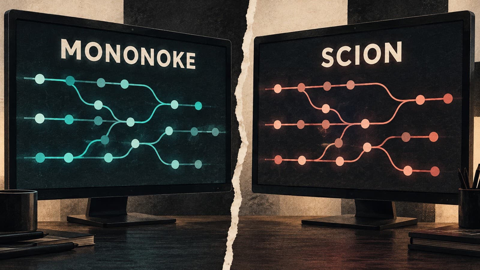 AI-generated illustration of two monitors labeled Mononoke and Scion, each displaying an abstract branching version-history graph.