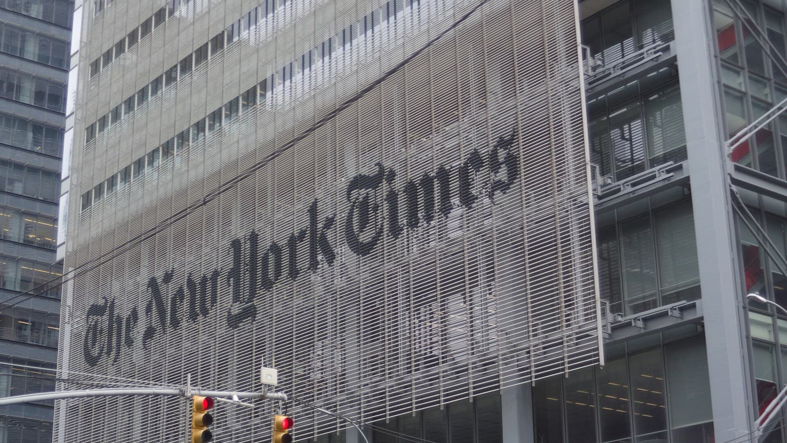 The New York Times name on the ceramic-rod facade of its Manhattan headquarters.