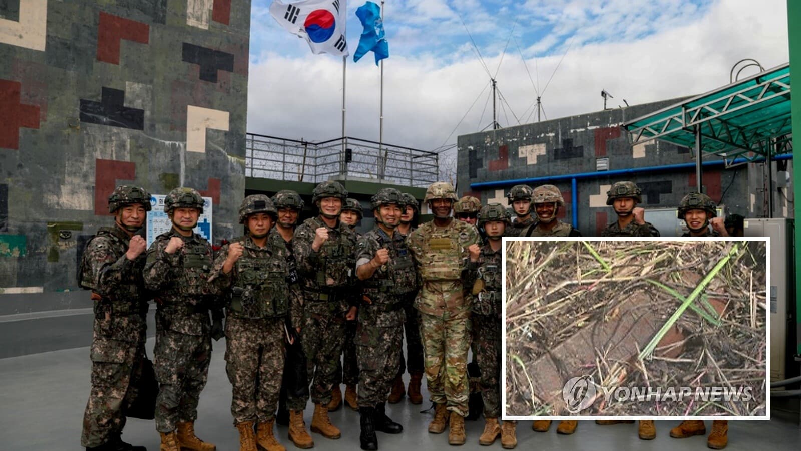 South Korean and U.S. soldiers at a DMZ guard post, with an inset showing the resin antipersonnel mine found near the September 2026 blast site.