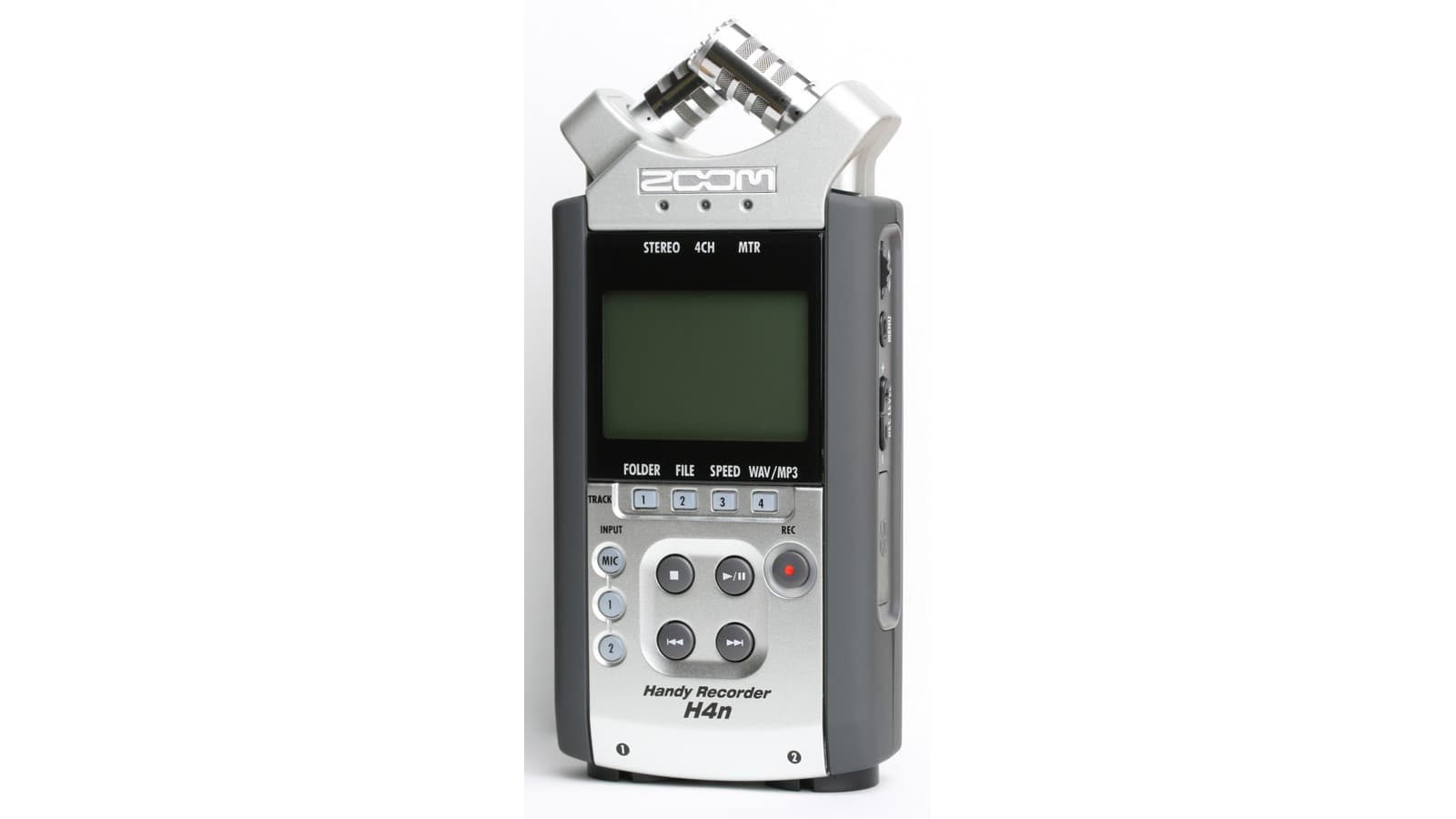 A Zoom H4n portable audio recorder with two microphones and recording controls.