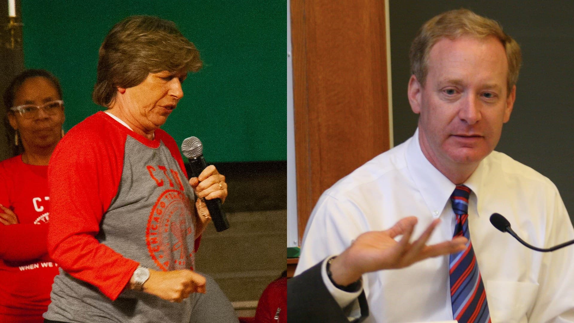 Randi Weingarten speaking into a microphone at a teachers' union rally and Brad Smith gesturing while speaking at a law-school panel, in separate photographs.
