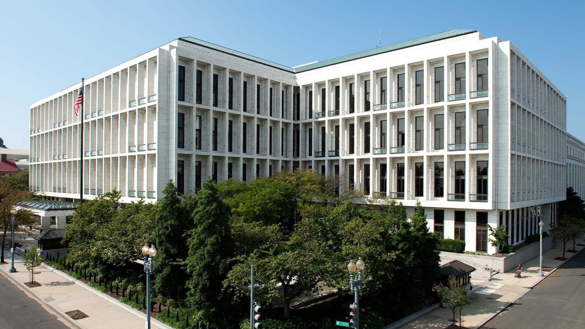 The Hart Senate Office Building in Washington, D.C., photographed from across a street on a clear day.