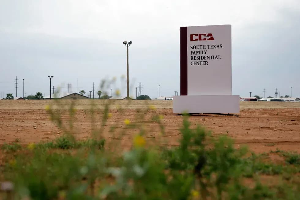 Entrance sign at the South Texas Family Residential Center in Dilley, Texas