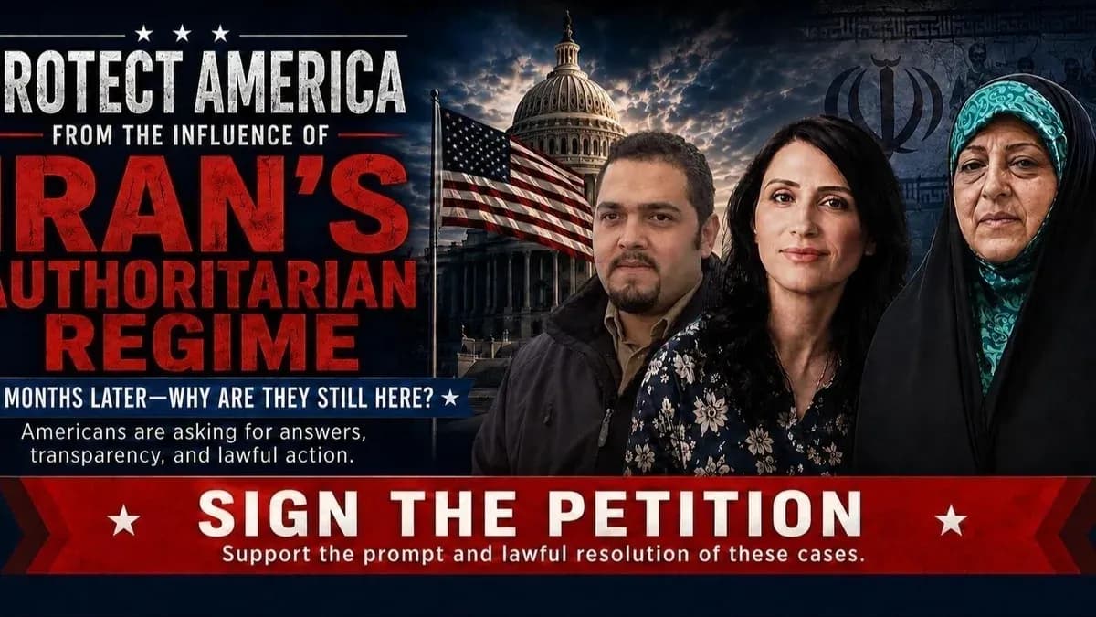 Petition artwork with portraits, United States and Iran imagery, and advocacy text