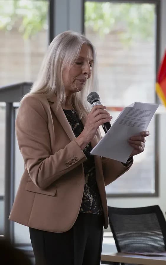 Margarita Pillado speaking at a Pierce College Academic Senate meeting