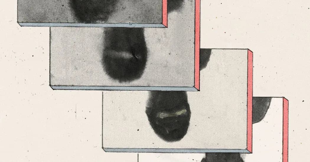 Four overlapping illustrations of an upside-down masked person, with nearer figures increasingly blurred