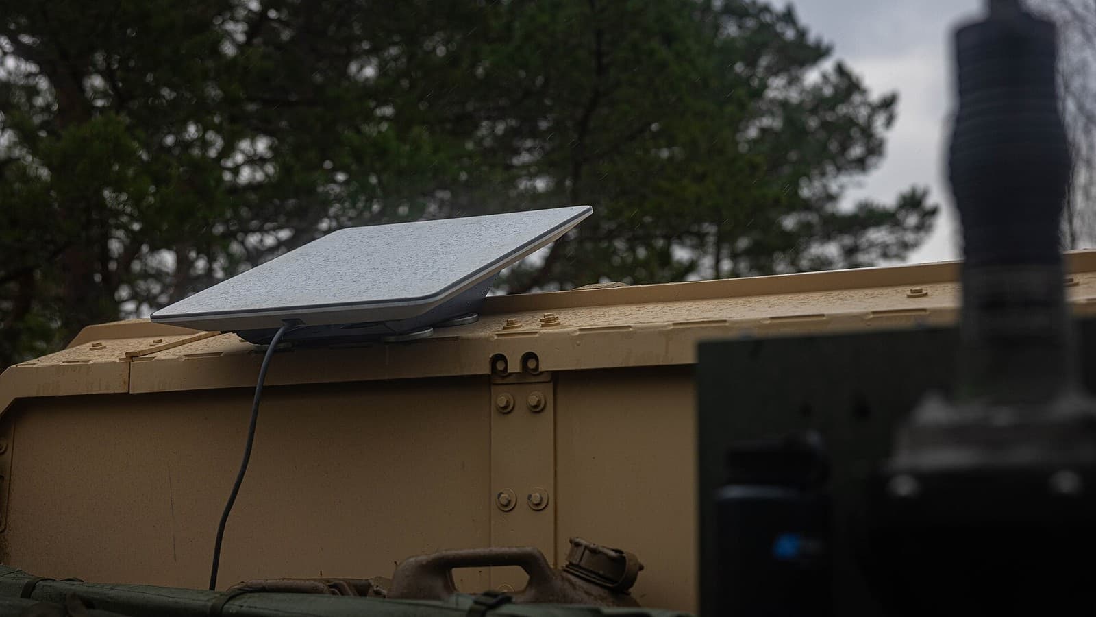 A Starshield satellite communications terminal mounted on a U.S. military Humvee.