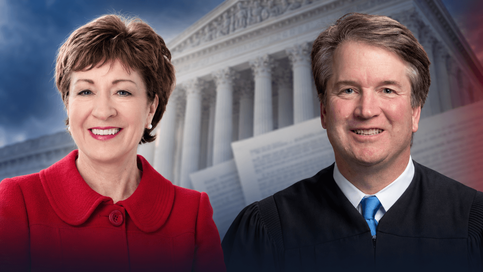 Editorial composite of Susan Collins and Brett Kavanaugh in front of the Supreme Court.
