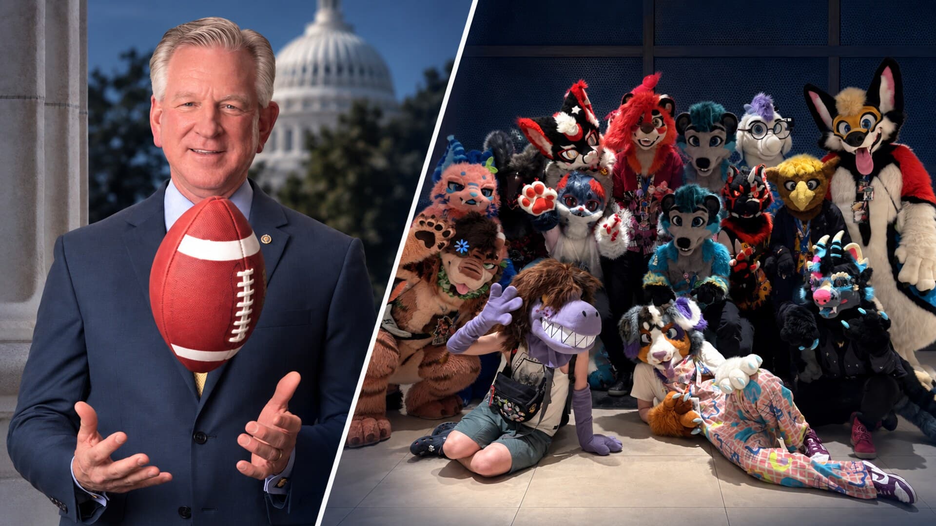 Editorial split-screen composite of Senator Tommy Tuberville and fursuiters at ConFuzzled 2026.