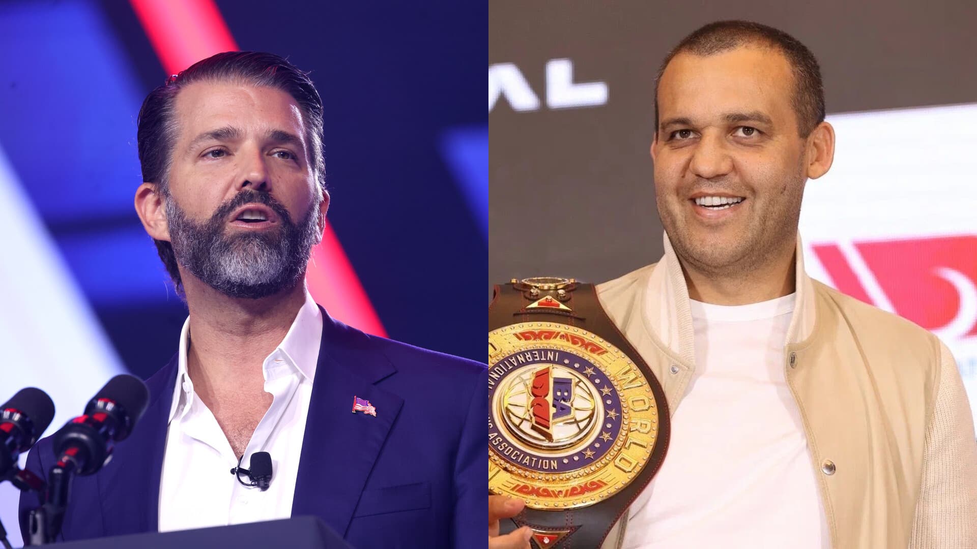 Editorial split-screen composite of Donald Trump Jr. and Umar Kremlev.