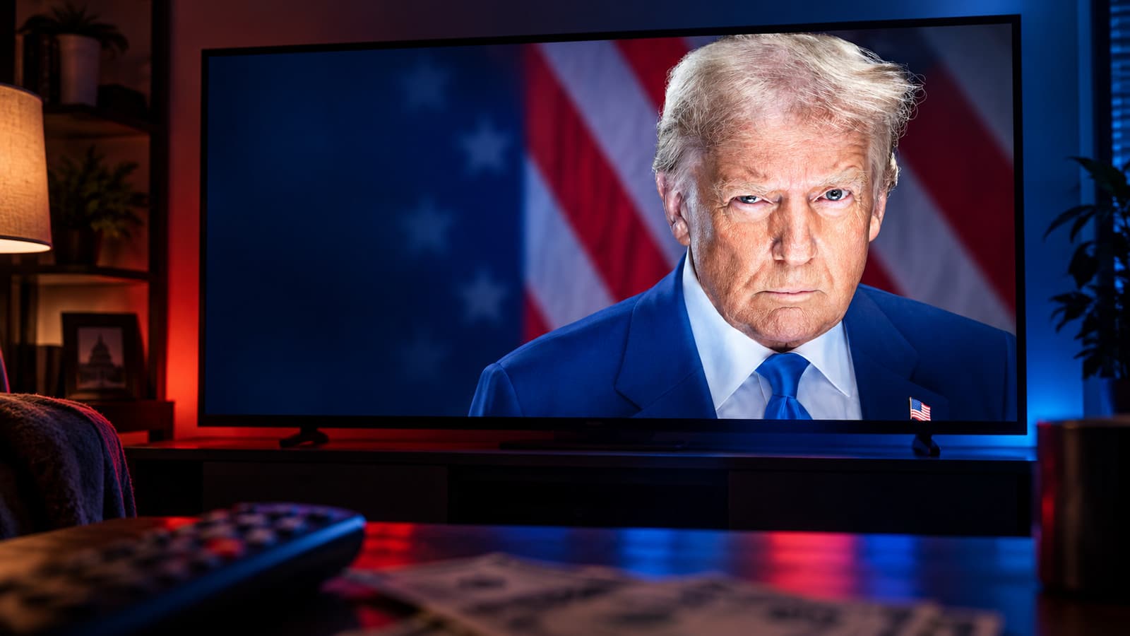Donald Trump's official portrait displayed on a television, with a remote control and U.S. dollar bills in the foreground.