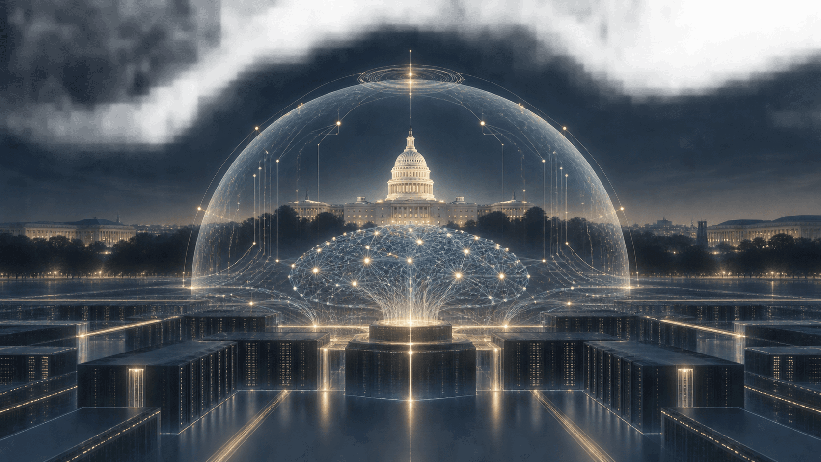 Illustration of the U.S. Capitol framed by an abstract AI network and transparent protective dome