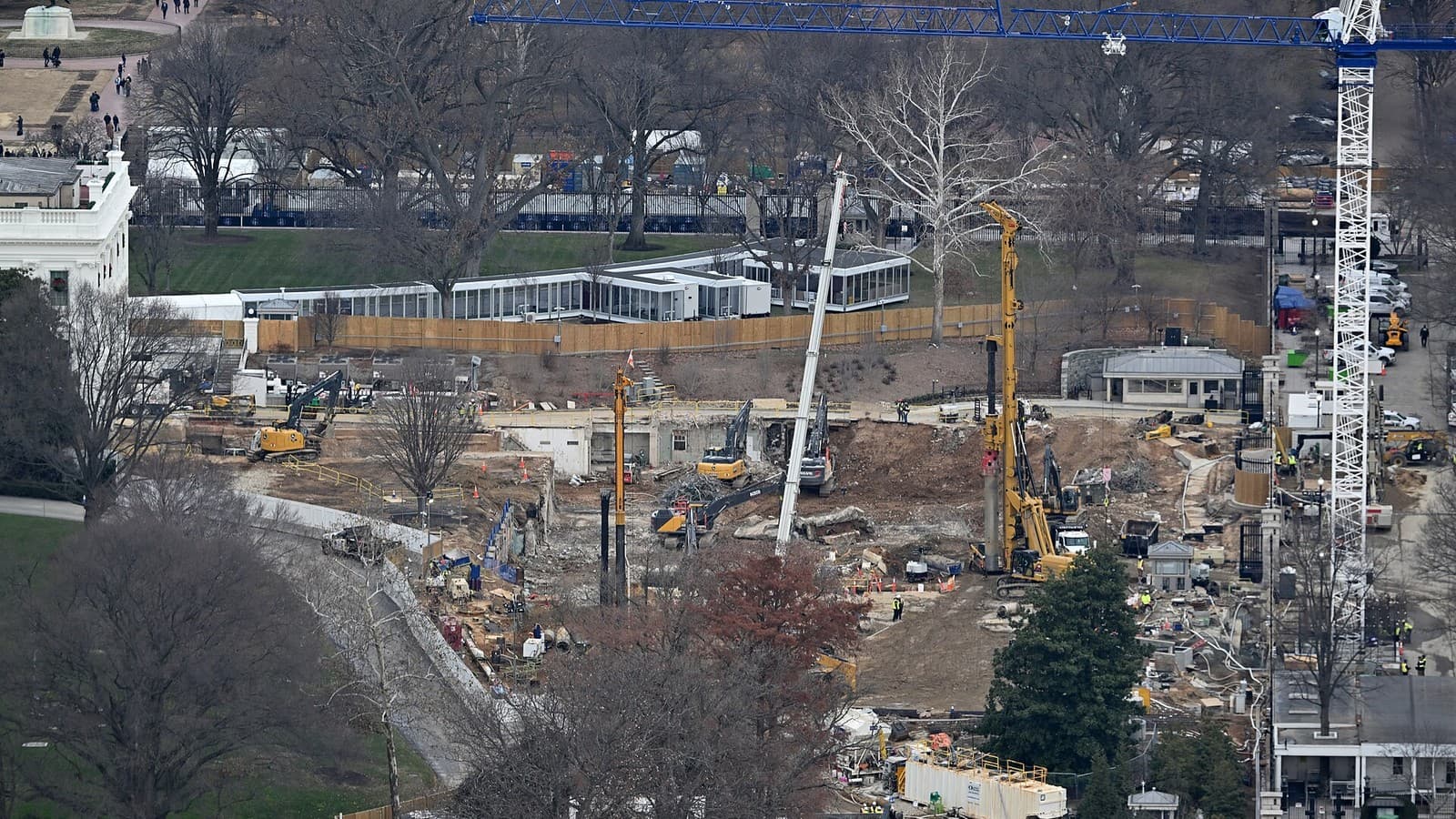 Cranes and construction equipment at the White House ballroom construction site.