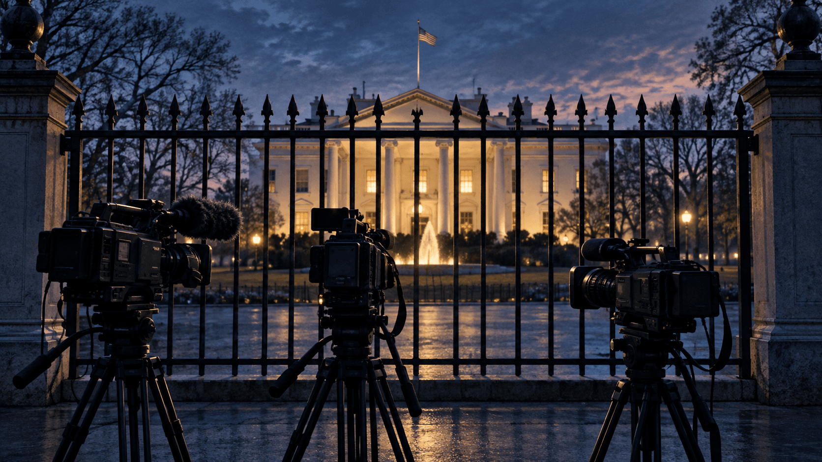 Symbolic editorial illustration of three broadcast cameras outside the White House gate at dusk.