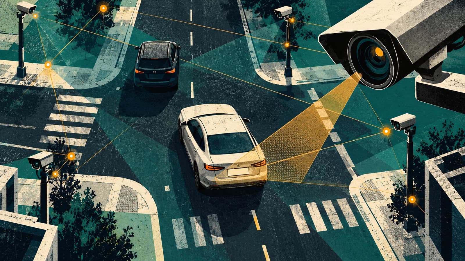 A license-plate reader monitoring traffic on a public road