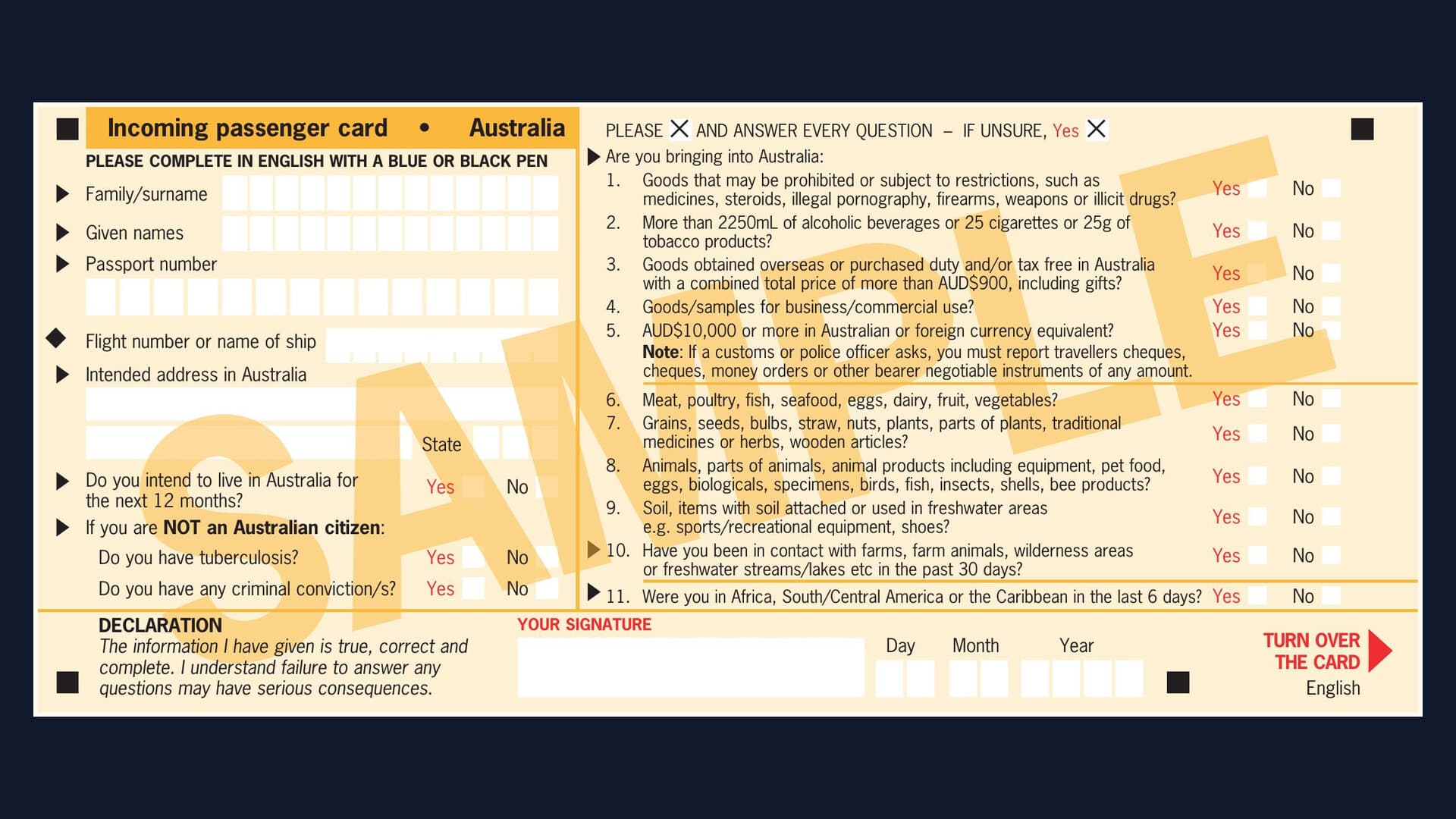 Sample Australian incoming passenger card showing required declaration questions.