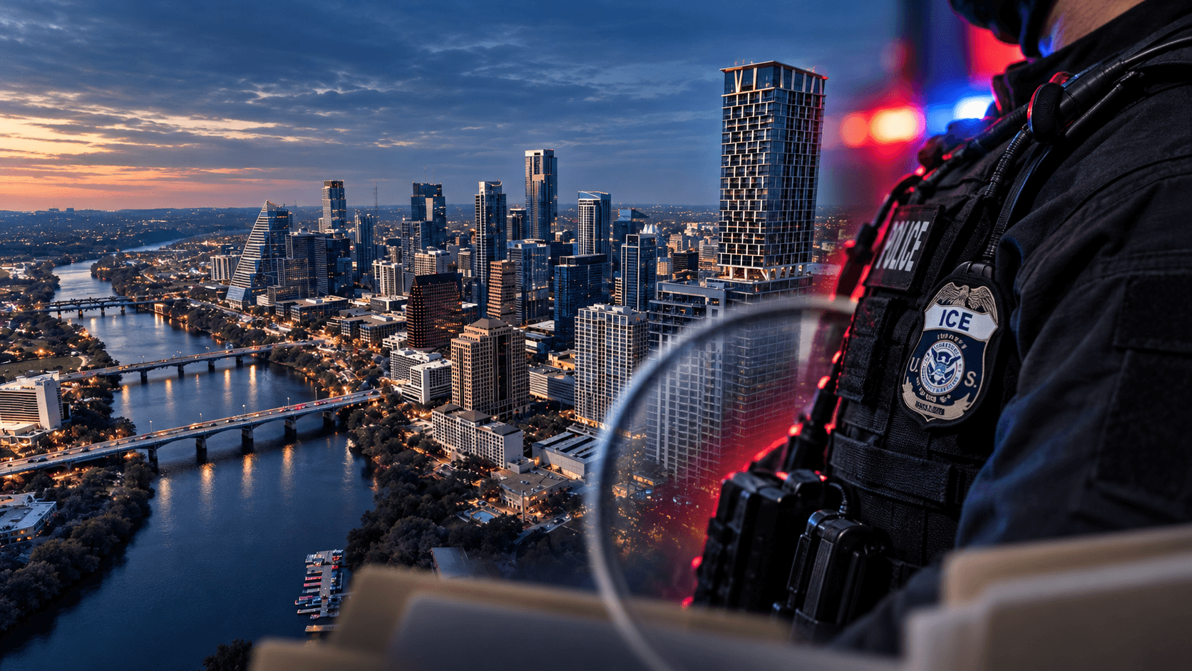 Editorial composite of the Austin skyline and an ICE agent viewed through a magnifying glass.