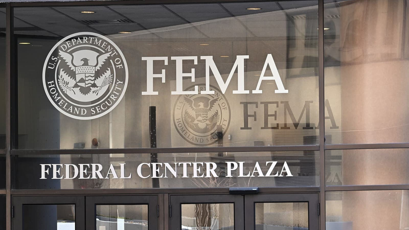 FEMA lettering and the Homeland Security seal on the headquarters entrance in Washington.