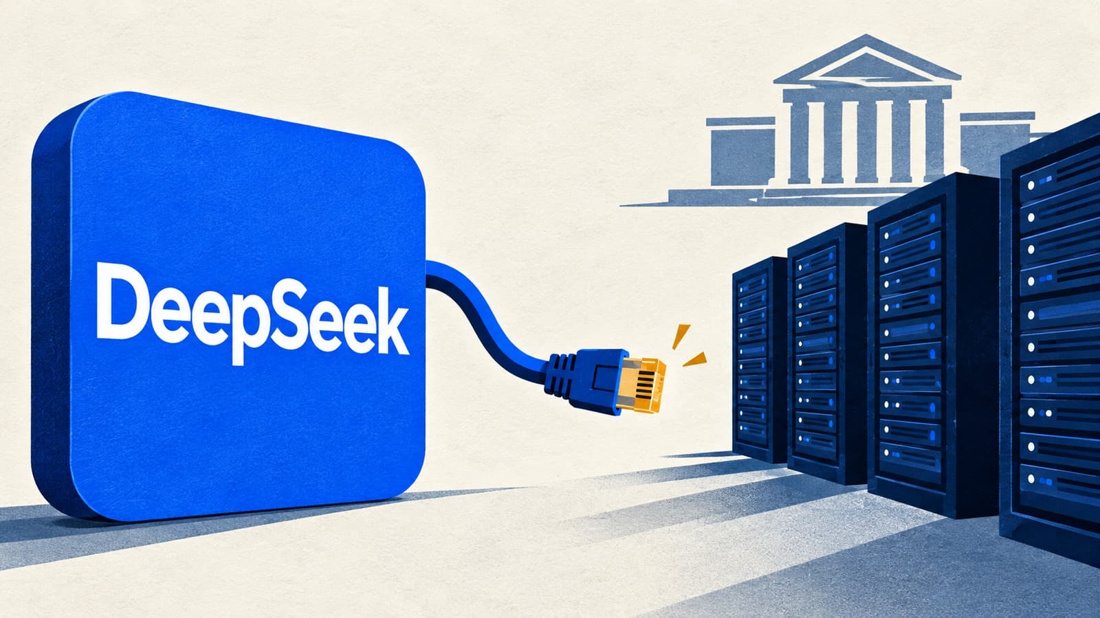 AI-generated illustration of a DeepSeek application tile disconnected from computer servers beneath a civic-building symbol.