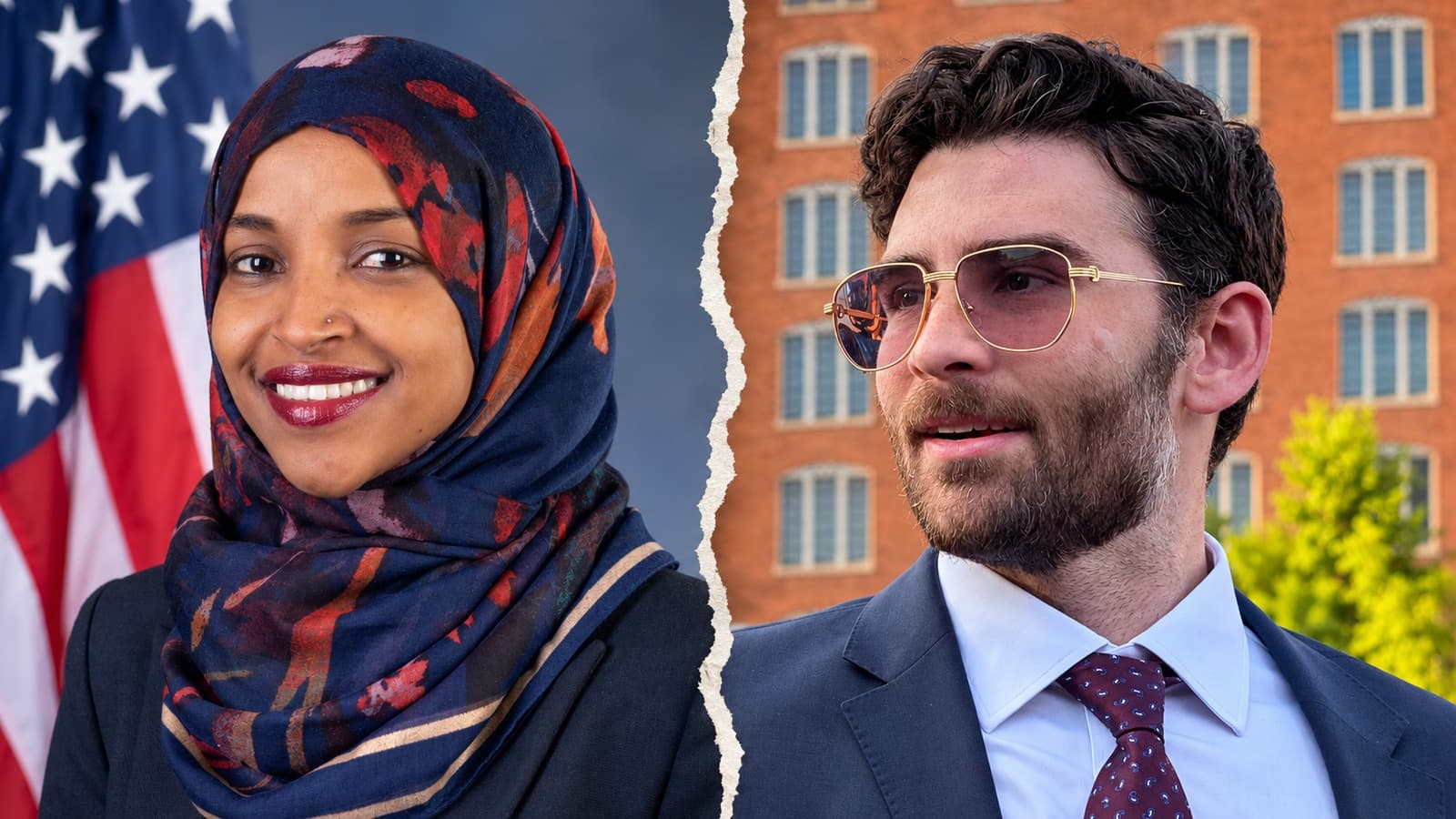 AI-assisted collage of separate photographs of Ilhan Omar on the left and Hasan Piker on the right.