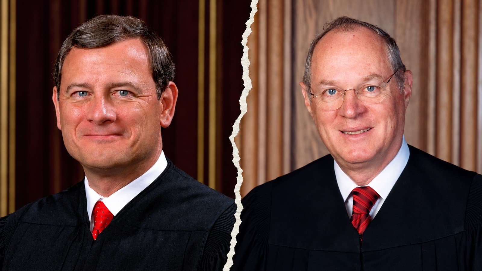 AI-assisted collage of separate official portraits of John Roberts on the left and Anthony Kennedy on the right.