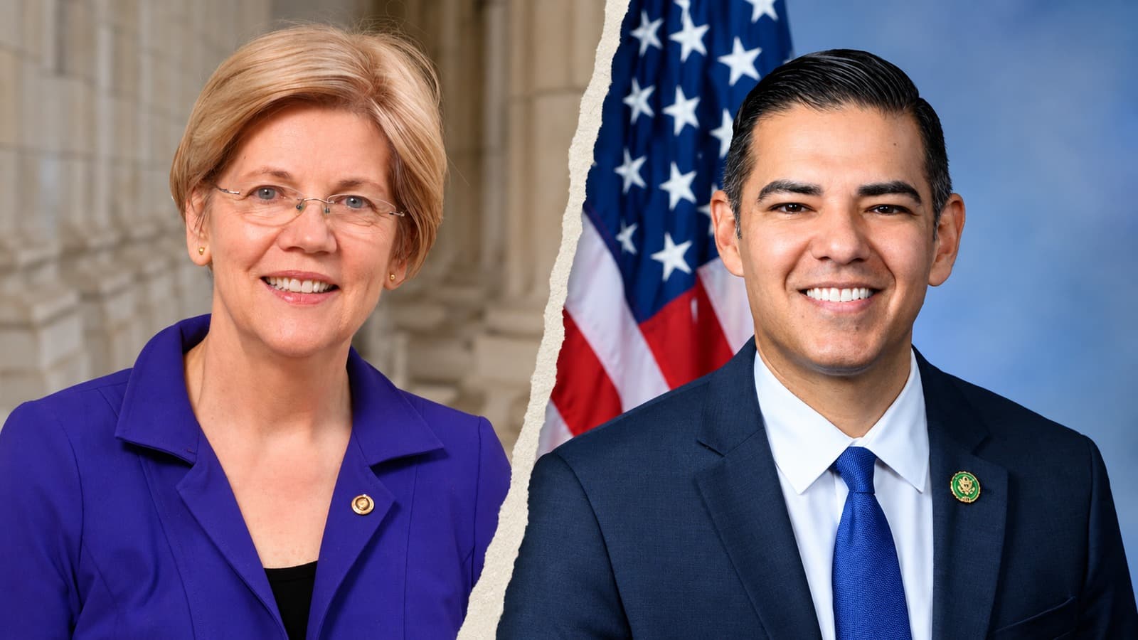 AI-assisted collage of separate official portraits of Elizabeth Warren on the left and Robert Garcia on the right.