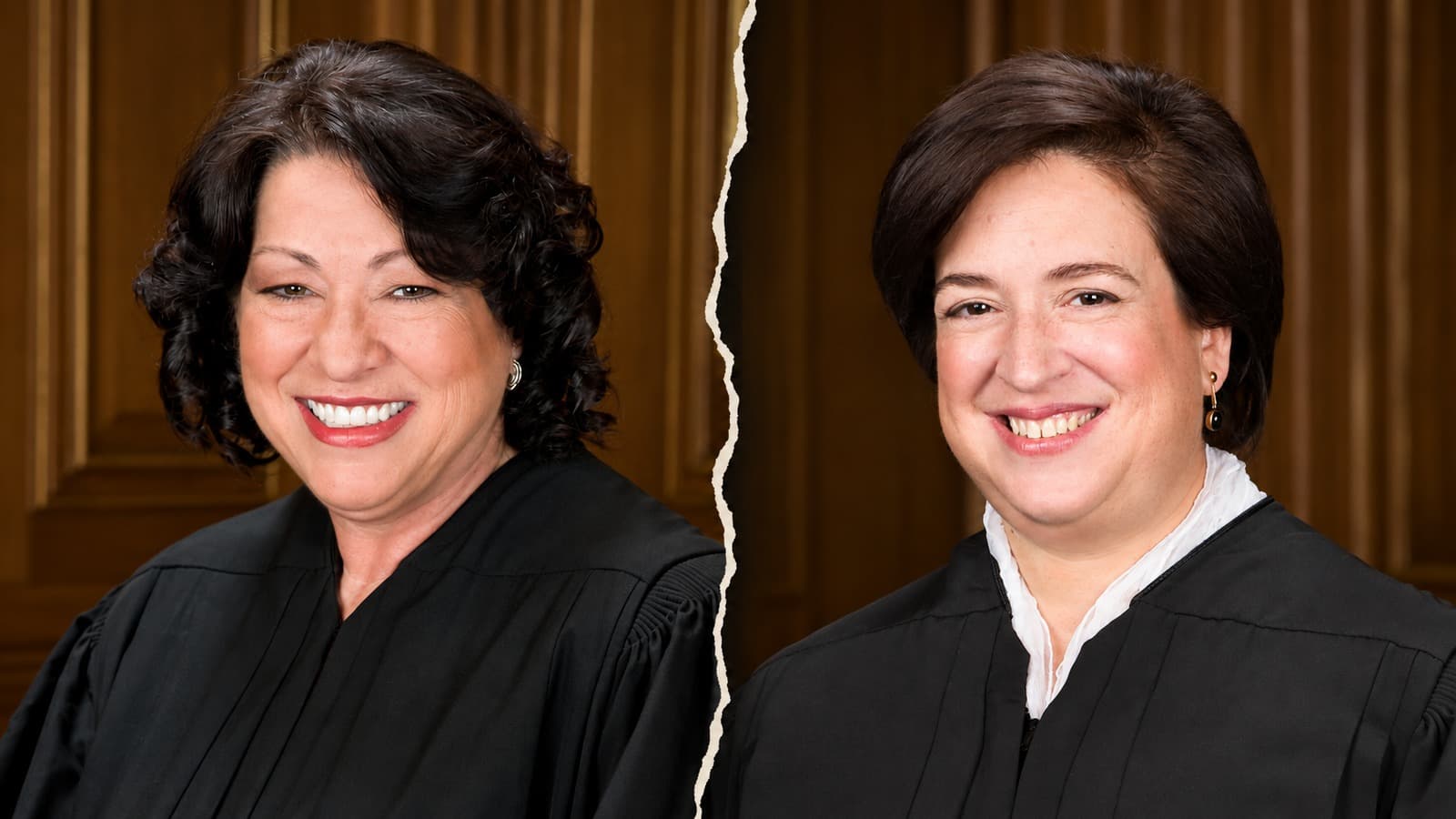 AI-assisted collage of separate official portraits of Sonia Sotomayor on the left and Elena Kagan on the right.