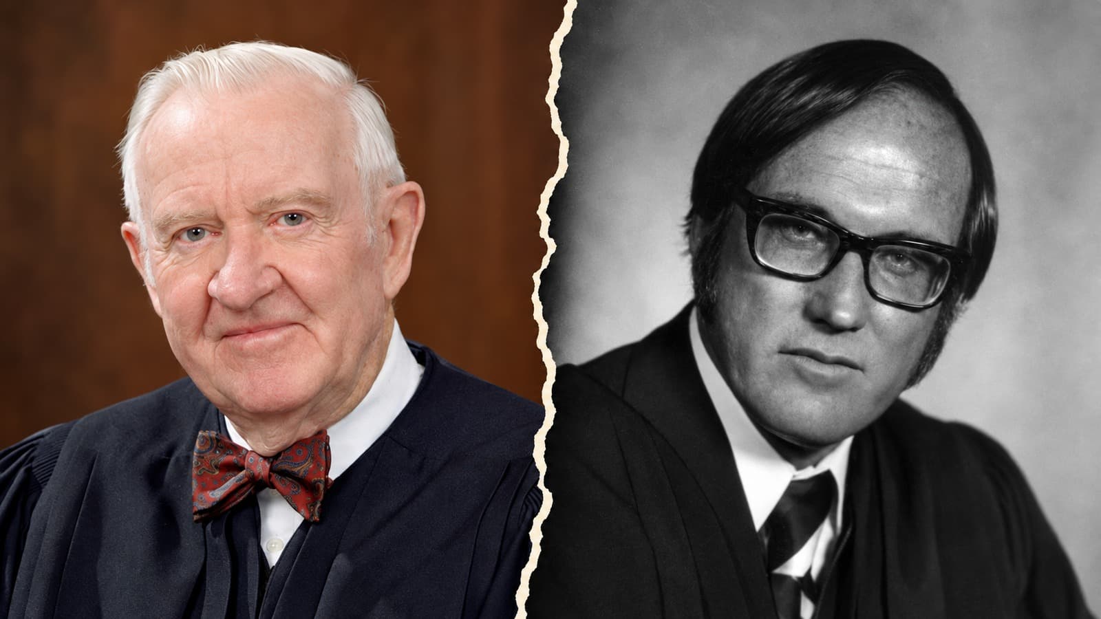 AI-assisted collage of separate official portraits of John Paul Stevens on the left and William Rehnquist on the right.