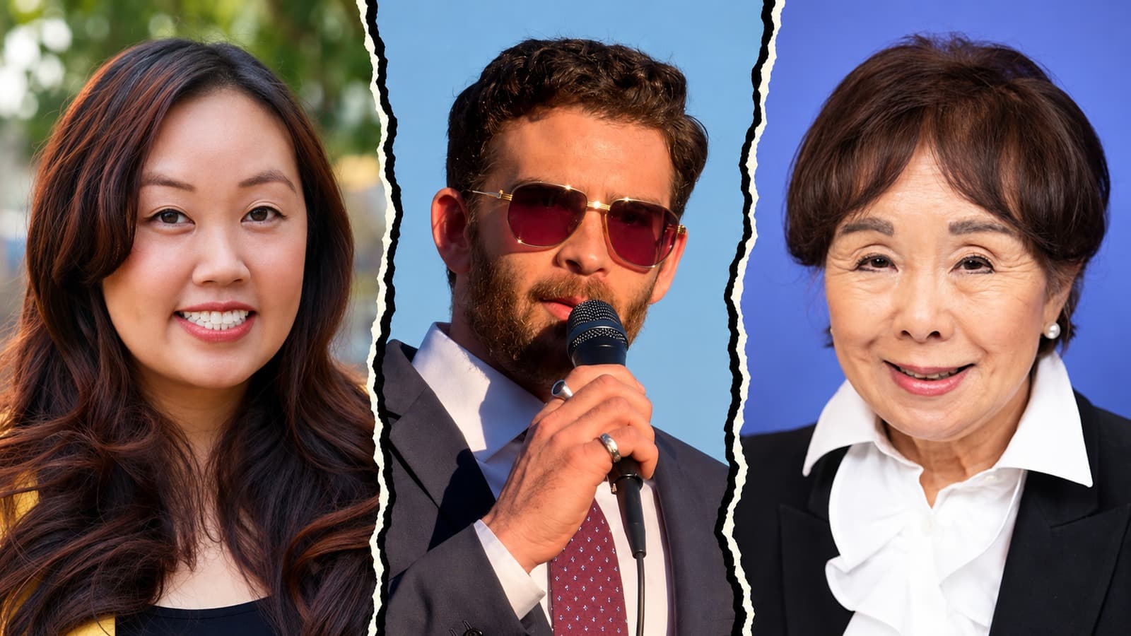 AI-assisted collage of separate photographs of Mai Vang, Hasan Piker and Doris Matsui, from left to right.