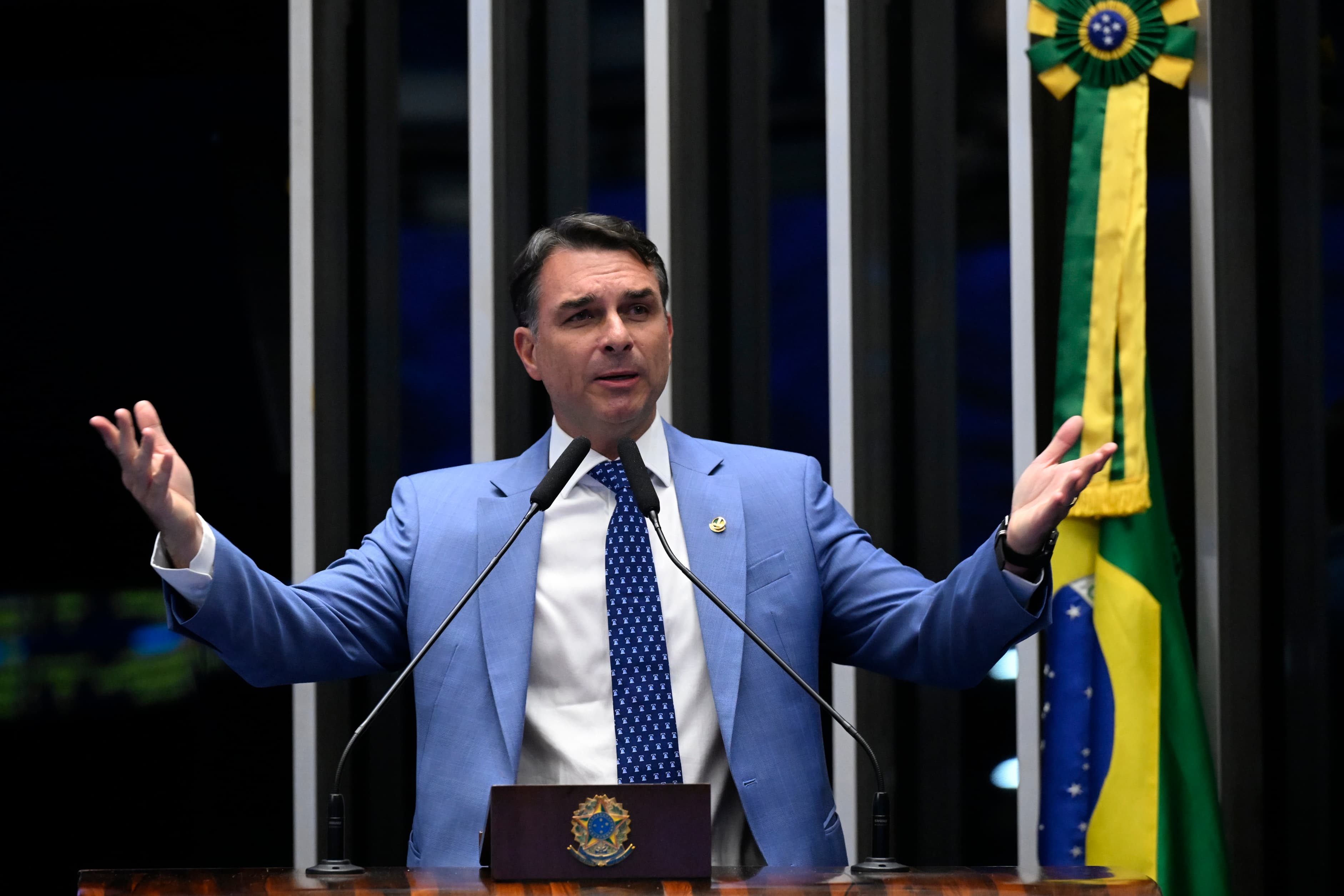 Flávio Bolsonaro speaks at the Brazilian Senate