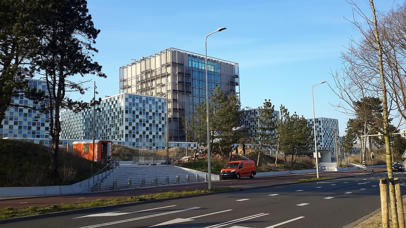 The International Criminal Court headquarters beside a road in The Hague, Netherlands.
