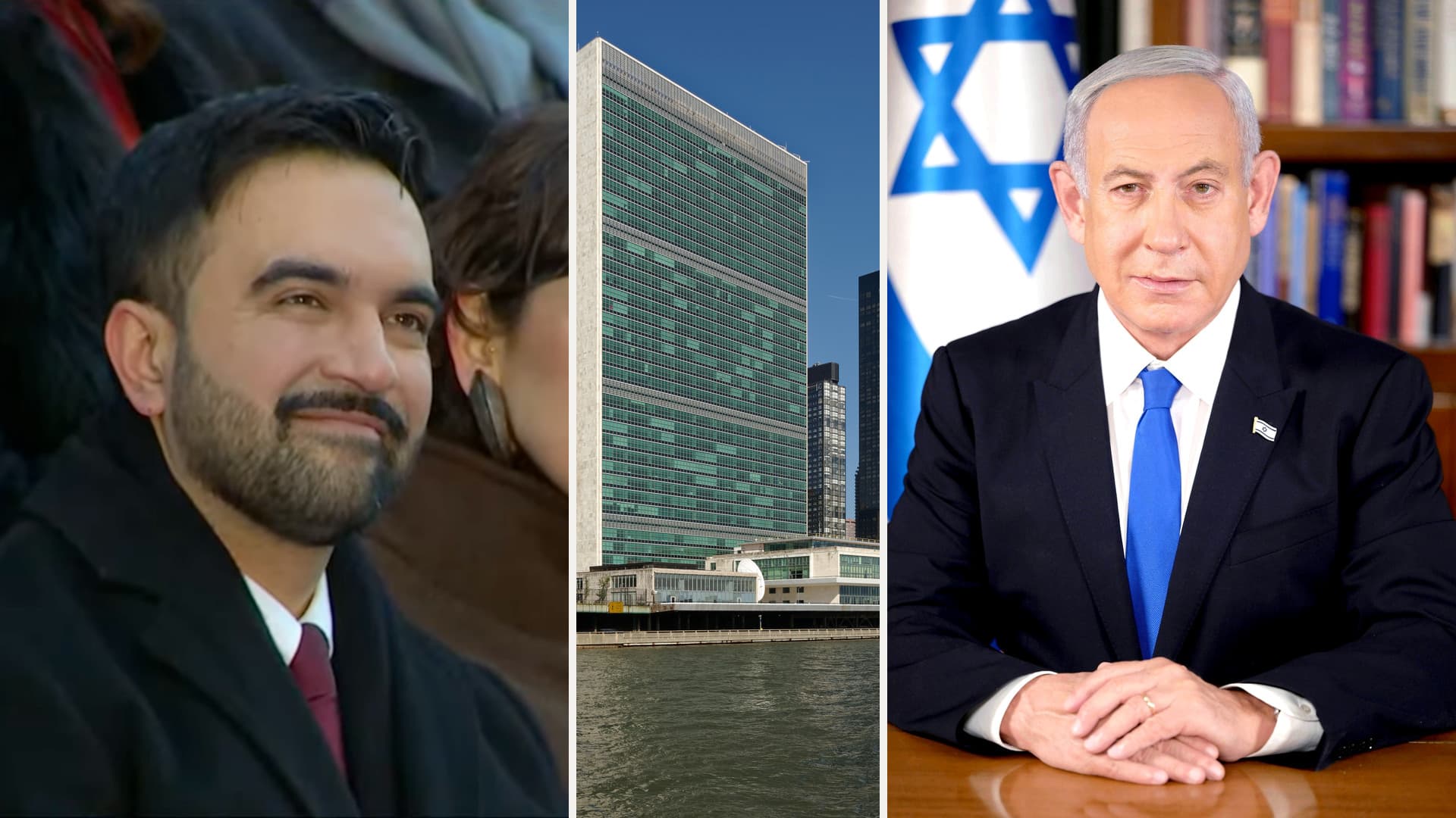 Zohran Mamdani and Benjamin Netanyahu in separate portraits with the United Nations headquarters between them.