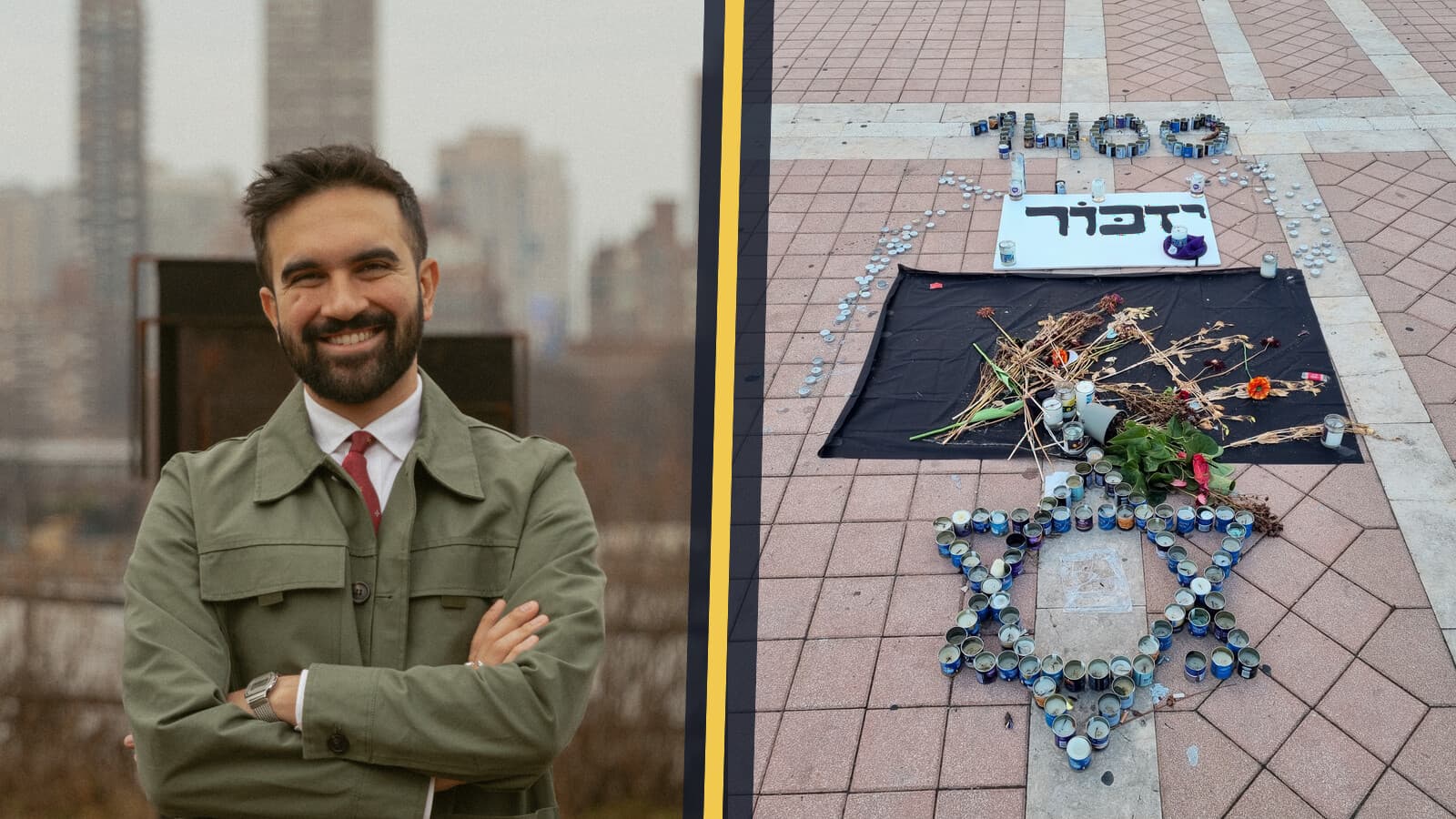 Zohran Mamdani beside an October 7 memorial display.