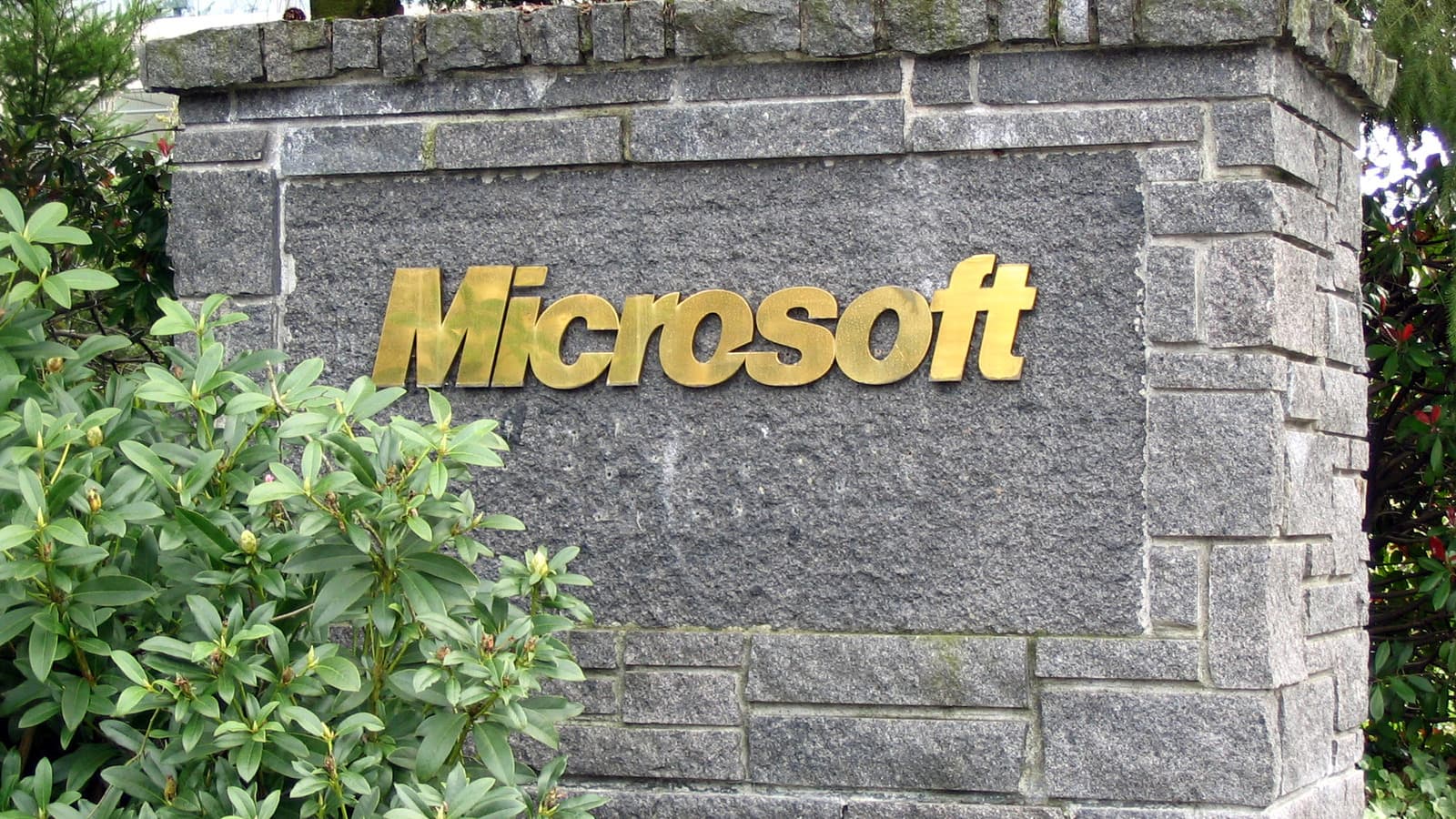 A stone sign bearing Microsoft's name at the company's Redmond campus.