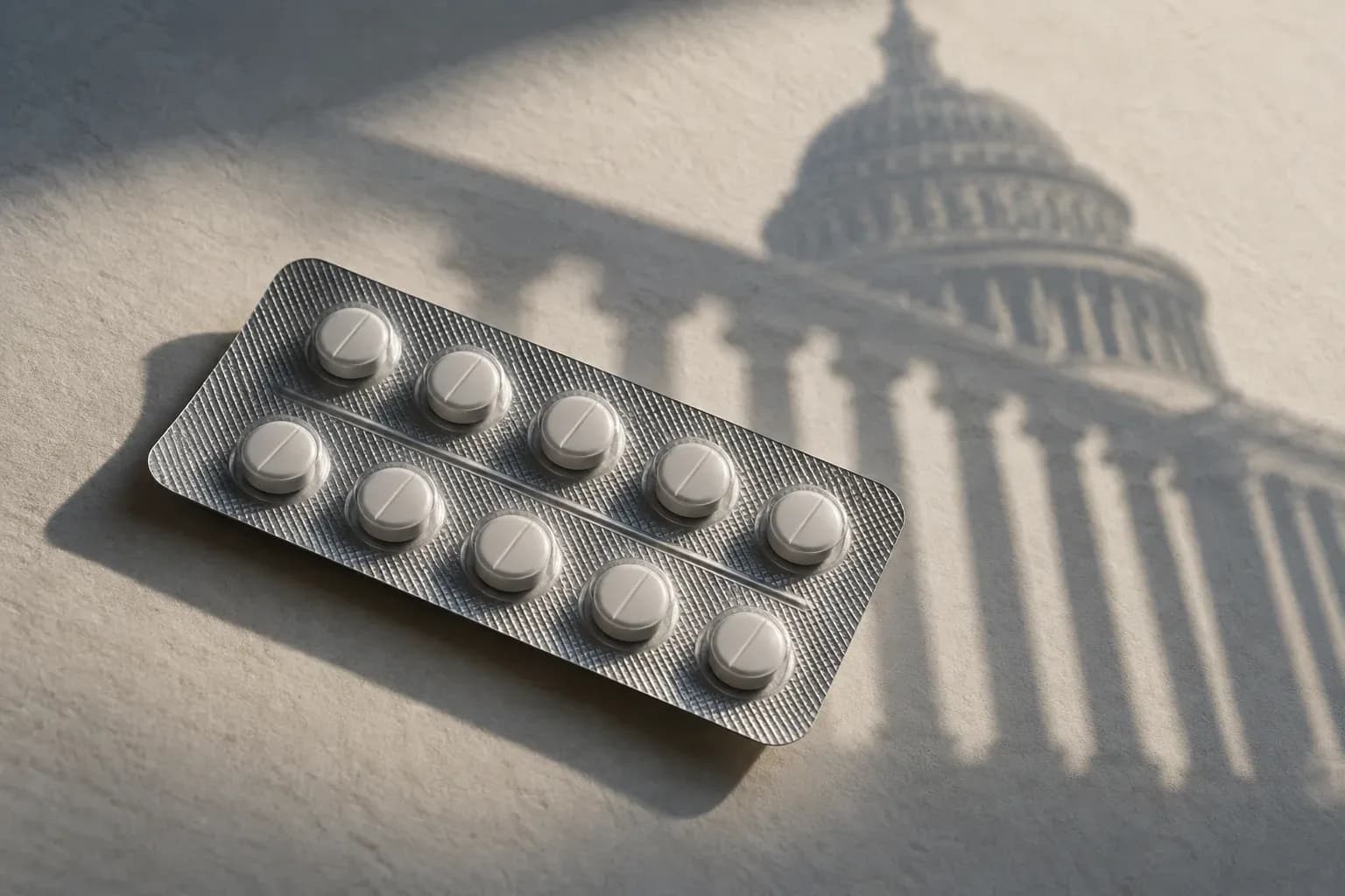 Conceptual image of generic white tablets in a blister pack beneath a shadow resembling the U.S. Capitol.