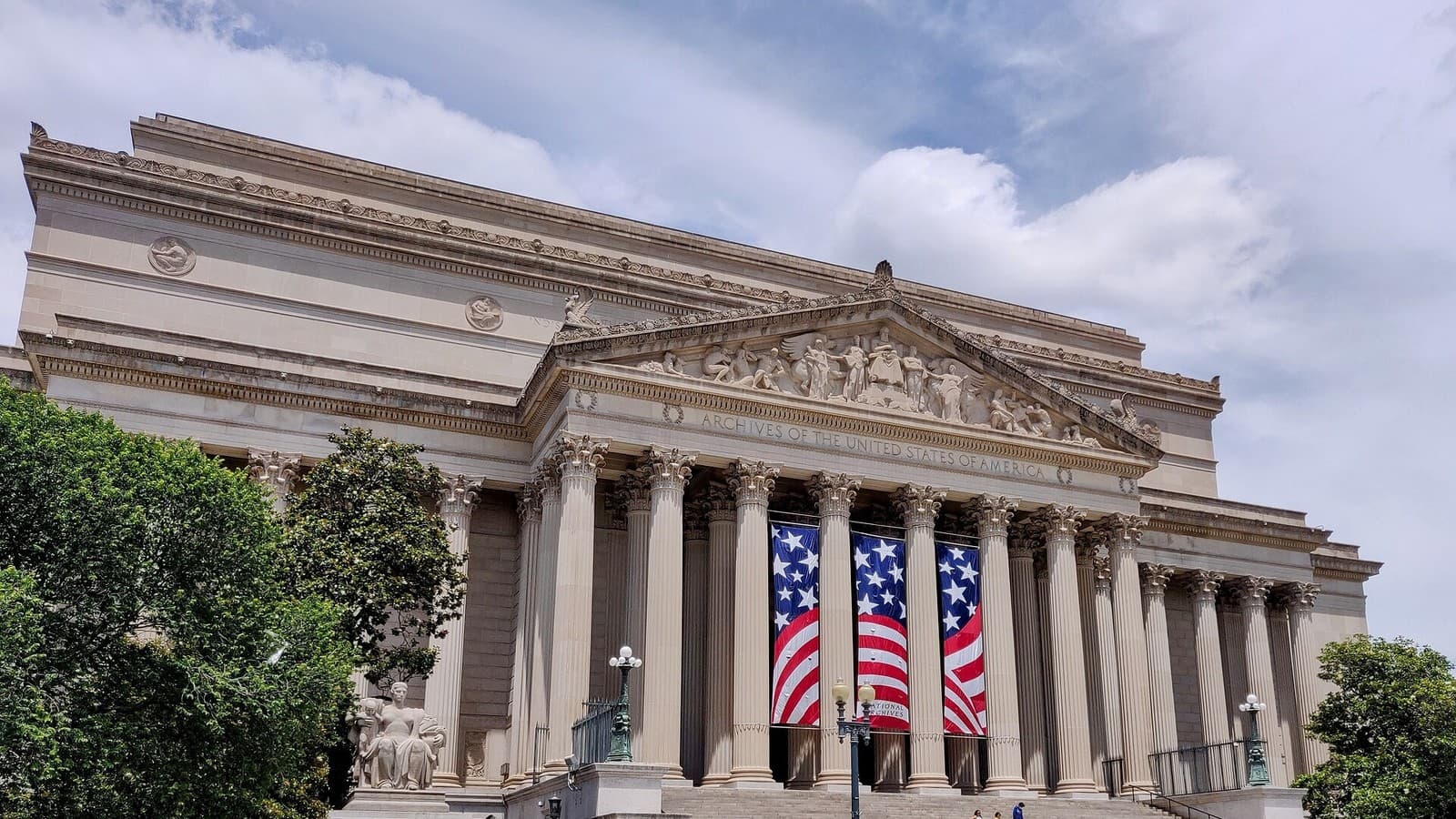 The columns and front steps of the National Archives Building in Washington, D.C.