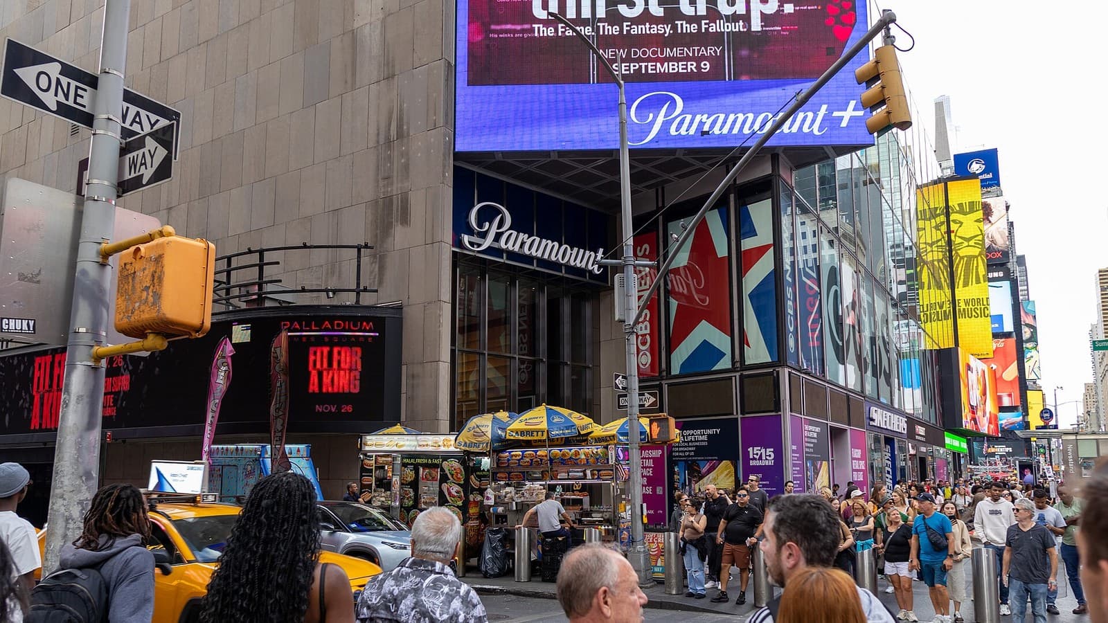 Paramount signs above the entrance to One Astor Plaza in Times Square.