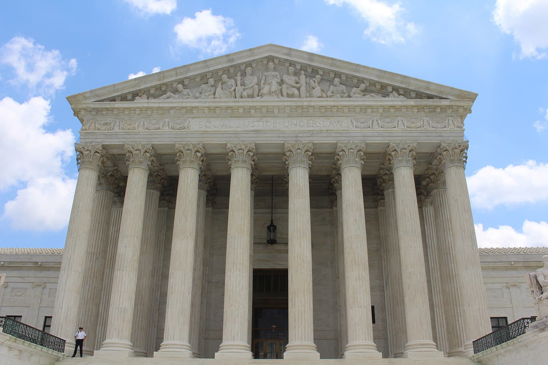 The west facade of the U.S. Supreme Court Building in Washington, with its columns and the inscription "Equal Justice Under Law."