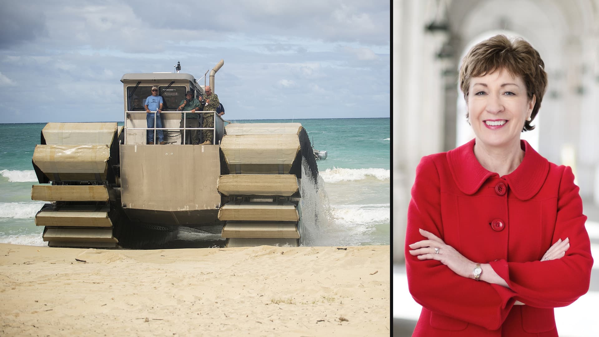 Susan Collins in an official Senate portrait beside a Navatek-developed amphibious craft on a Hawaii beach.