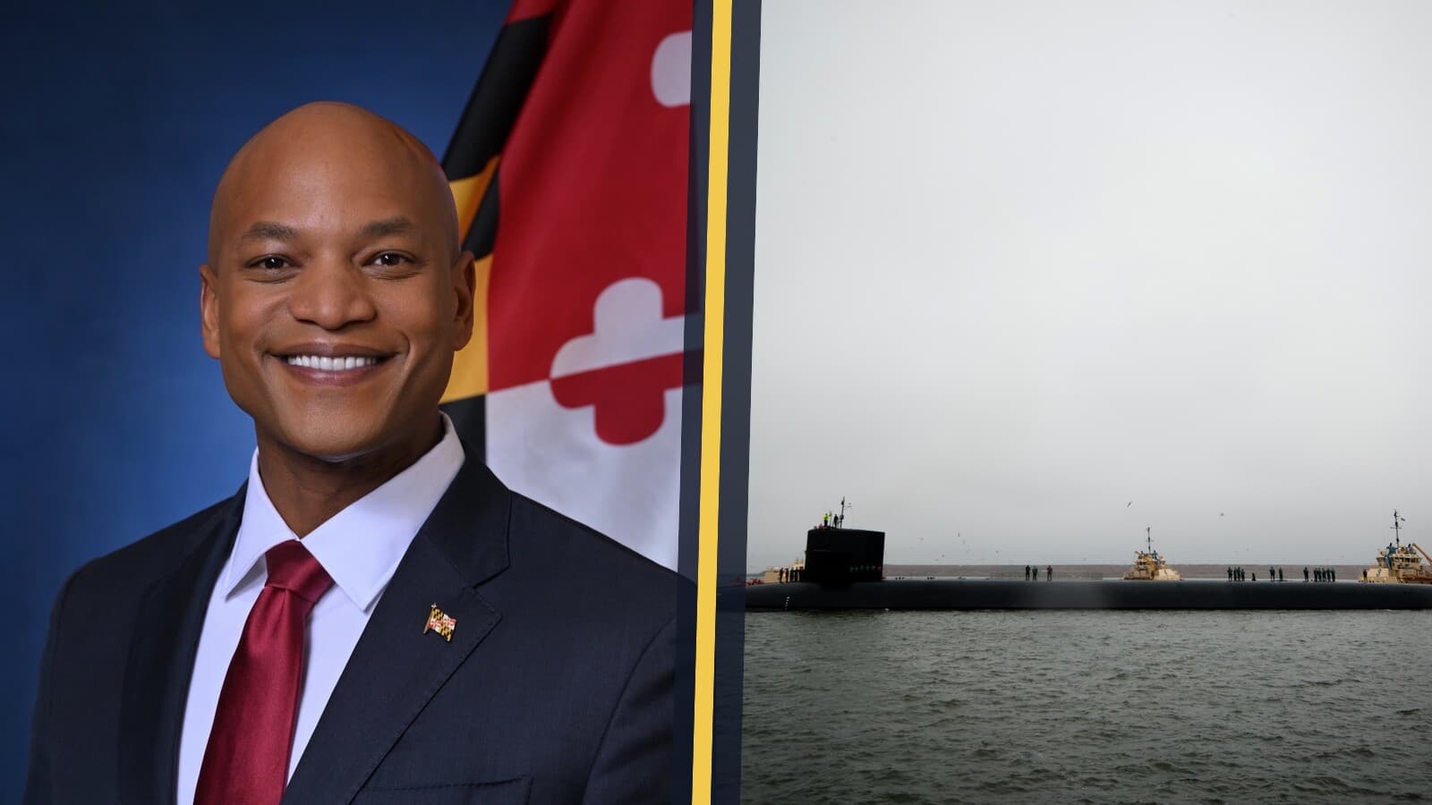 Wes Moore beside a photograph of USS Maryland.