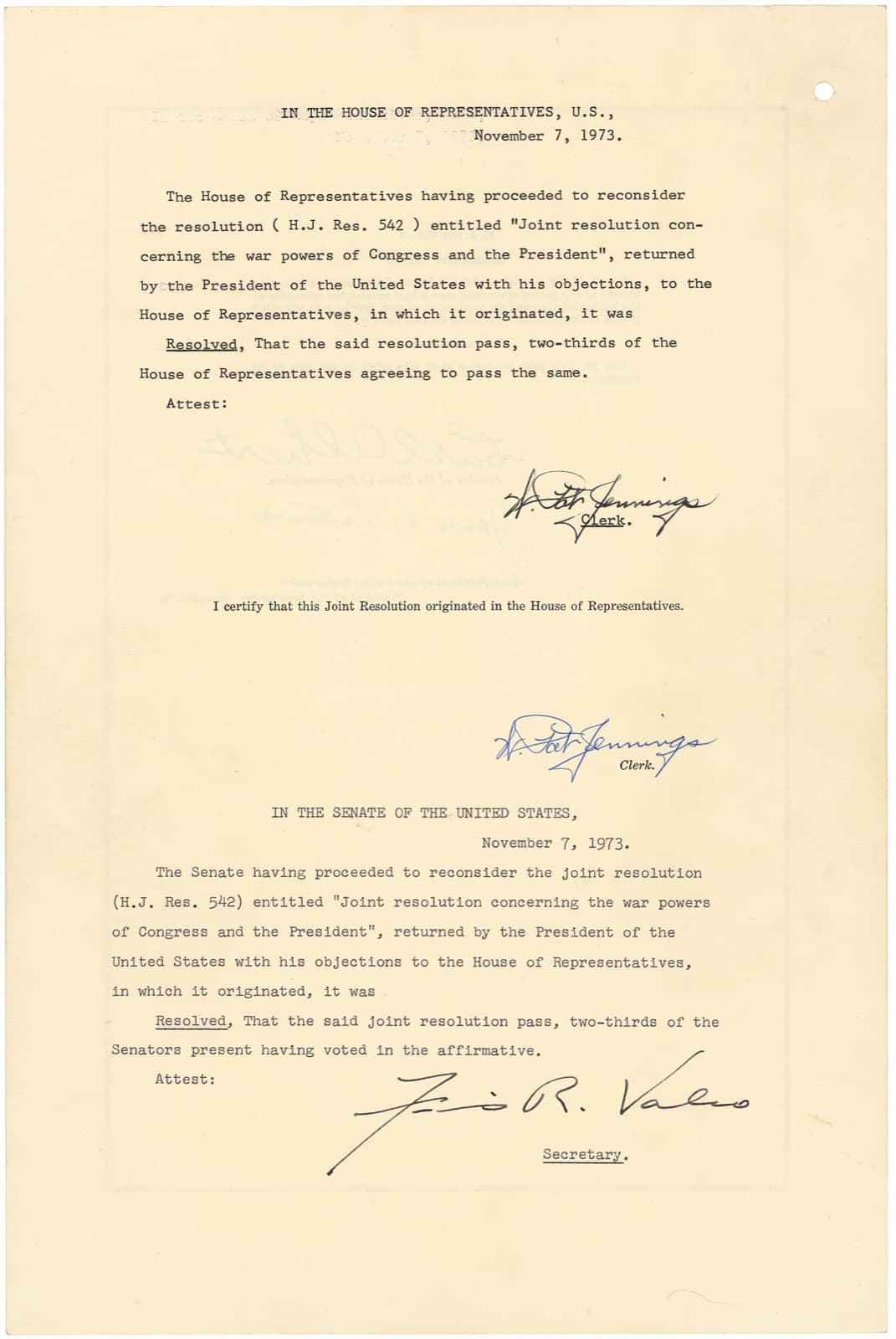 Typed page of the enrolled War Powers Resolution recording that the House and the Senate each passed H.J. Res. 542 on November 7, 1973, by two-thirds, after the President returned it with his objections, with the clerk's and secretary's signatures.