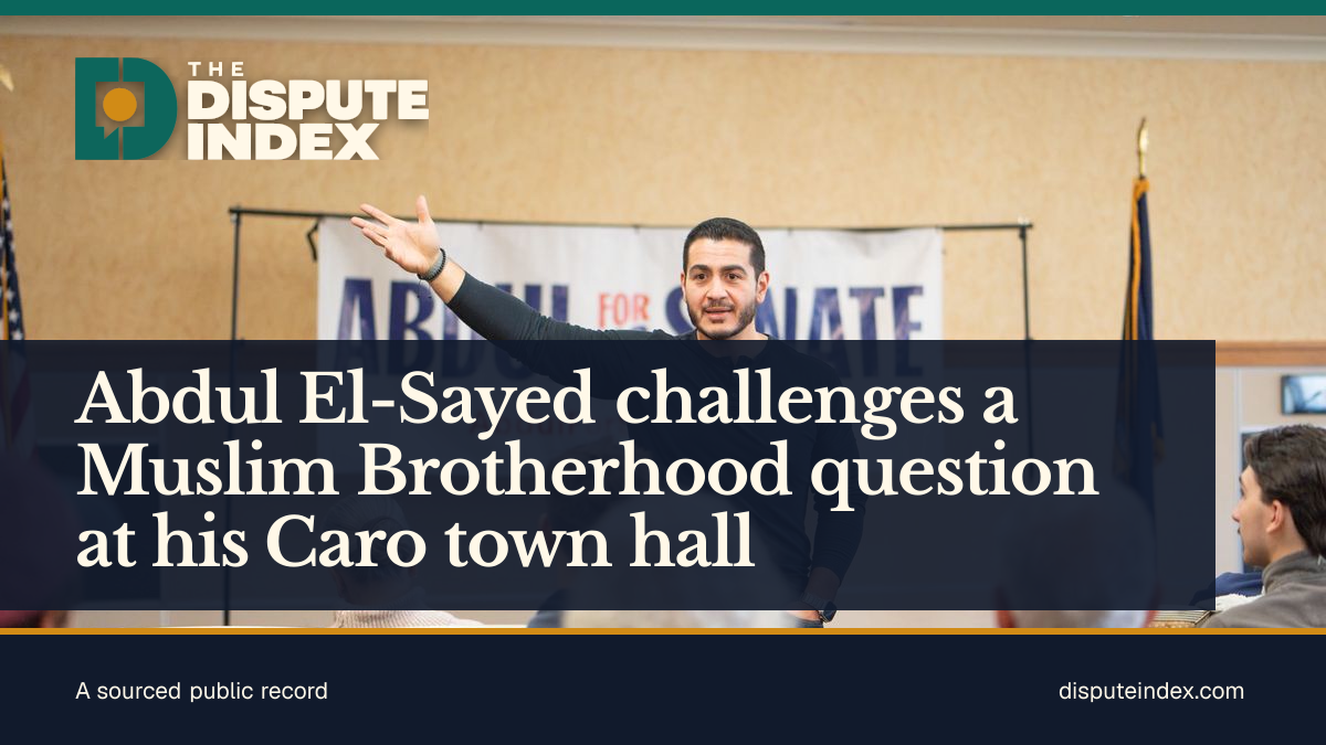 Share card: Abdul El-Sayed challenges a Muslim Brotherhood question at his Caro town hall