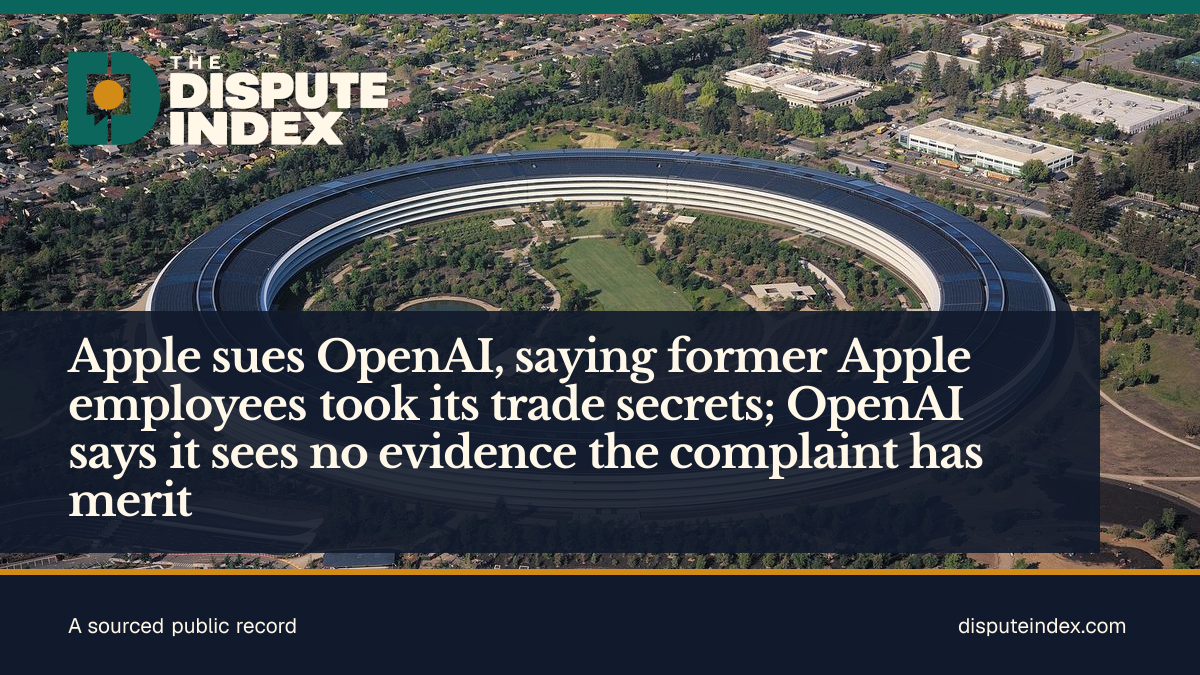 Share card: Apple sues OpenAI, saying former Apple employees took its trade secrets; OpenAI says it sees no evidence the complaint has merit