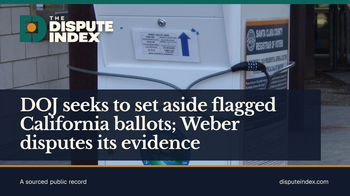Share card: DOJ seeks to set aside flagged California ballots; Weber disputes its evidence