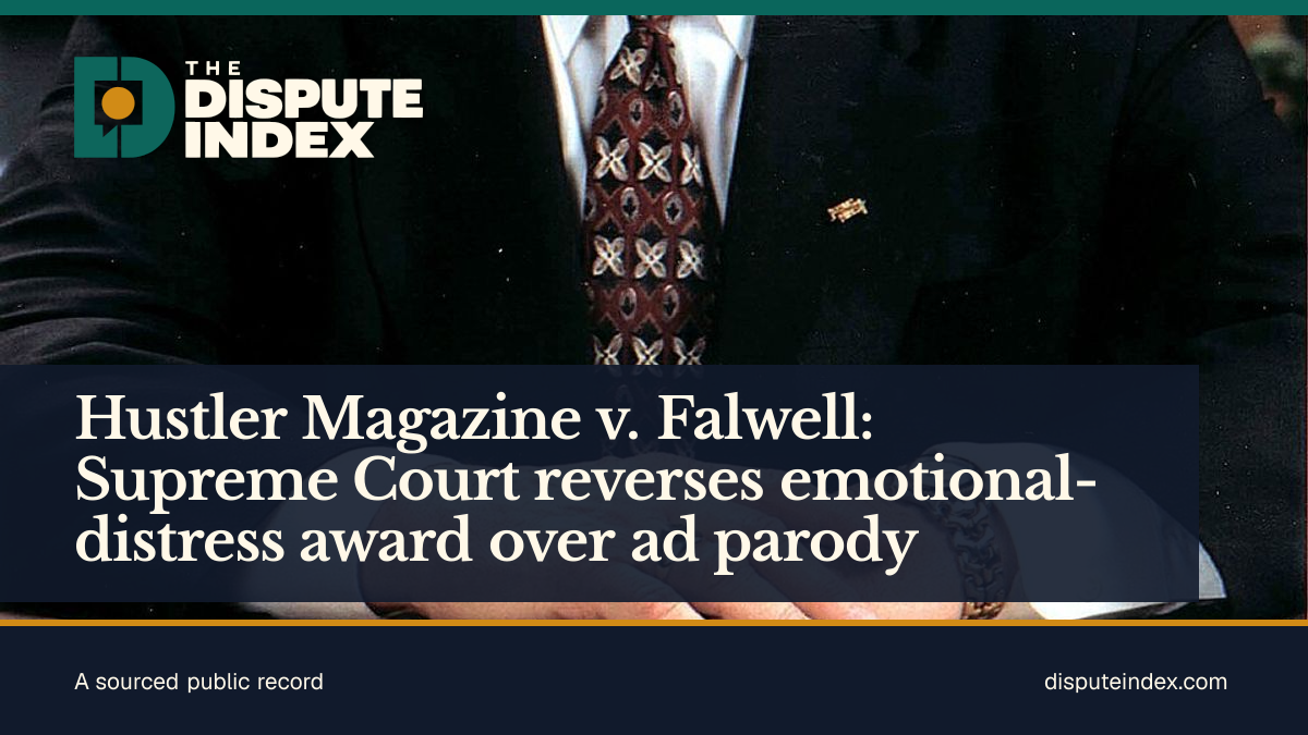 Share card: Hustler Magazine v. Falwell: Supreme Court reverses emotional-distress award over ad parody