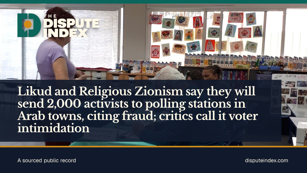 Share card: Likud and Religious Zionism say they will send 2,000 activists to polling stations in Arab towns, citing fraud; critics call it voter intimidation