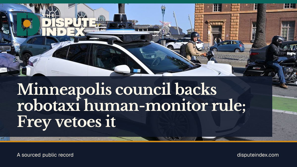 Share card: Minneapolis council backs robotaxi human-monitor rule; Frey vetoes it