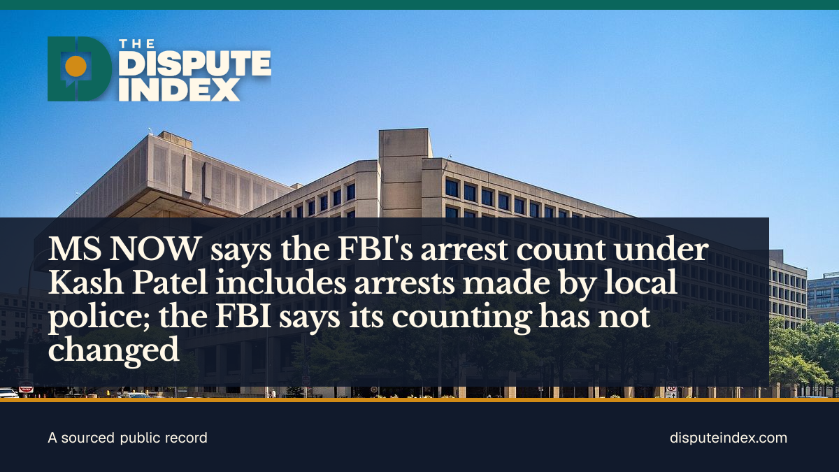 Share card: MS NOW says the FBI's arrest count under Kash Patel includes arrests made by local police; the FBI says its counting has not changed